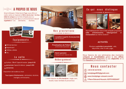 Hôtel de la Plage Wissant brochure showcasing rooms, amenities, location and contact details