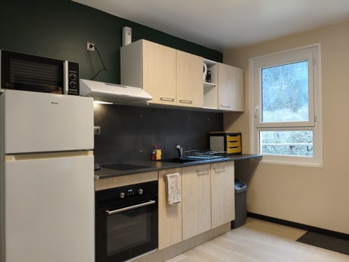 Kitchenette moderne aux armoires en bois clair, comptoir noir et cuisinière au Domaine du Vieux Tilleul, Meyrueis