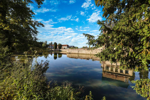 Vue sereine du Château de Quesmy avec son architecture de pierre reflétée dans l'eau calme, entourée d'arbres verdoyants luxuriants