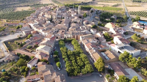 Vista aérea de la aldea El Vilosell con el alojamiento rural RuralGorgs B&B entre edificios de piedra tradicionales y plaza arbolada