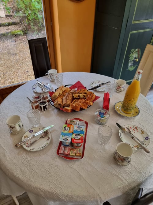 Tavola della colazione al Manoir De La Maison Blanche ad Amboise con cornetti, succo di frutta e stoviglie floreali con vista sul giardino.