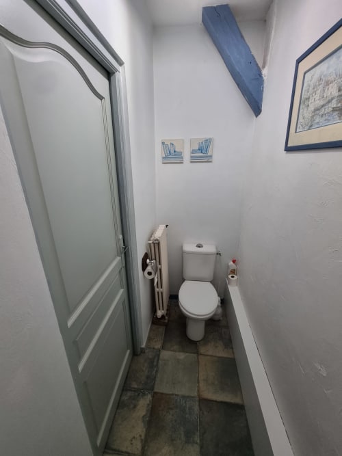 Compact toilet room with white fixtures, slate flooring, and nautical blue decor at Manoir De La Maison Blanche, Amboise