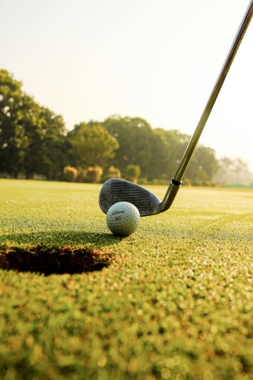 Golf club and ball on putting green near Castanea Business & Suites in Merelbeke