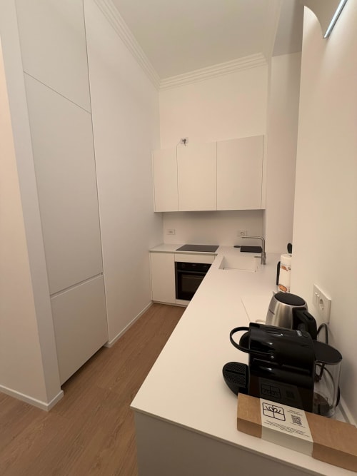 Modern white kitchenette in Maisons Milano apartment with stovetop, sink, and appliances