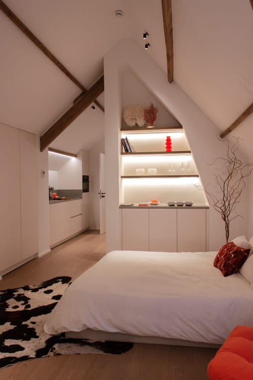 Studio Fabienne at Castanea Business & Suites in Merelbeke: modern bedroom with vaulted ceiling, built-in shelving, and