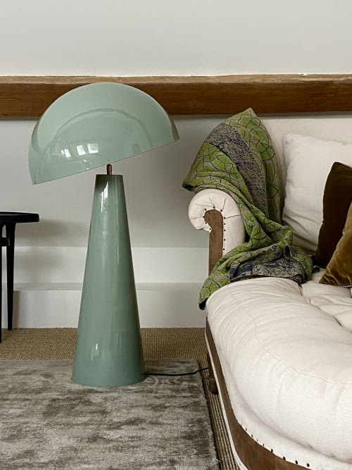Chambre Ciel Bleu at Villa Figue Blanche: mint green modern floor lamp beside bed with green patterned pillows at