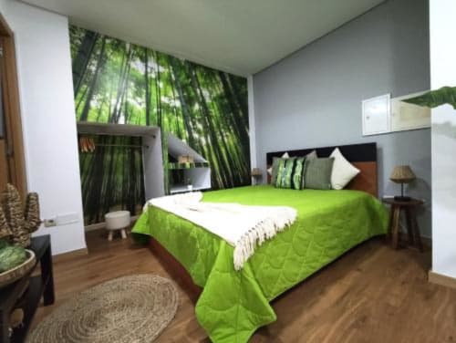 Quarto moderno verde com papel de parede floresta de bambu na SM Stays Collection em Guarda, Portugal