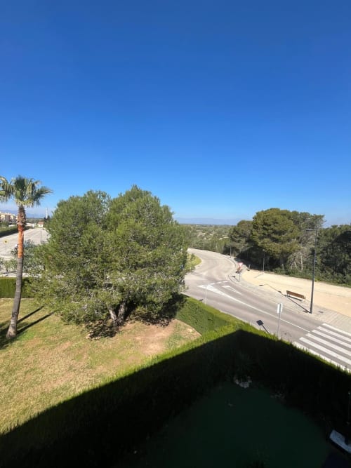 Vue depuis le balcon d'une route sinueuse, arbres et paysage rural à Sant Jordi sous un ciel bleu dégagé