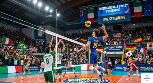 Partita di pallavolo all'arena Internazionale Volley Pordenone vicino Casa Meravigliosa a Fontanafredda con bandiere internazionali