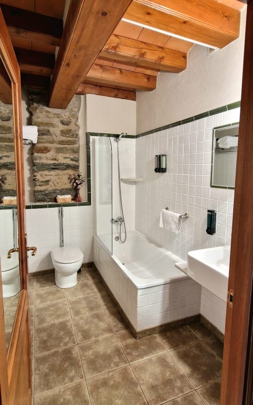 Espacioso cuarto de baño en Habitación Doble Deluxe del Hotel Mas D'En Roqueta con piedra vista, vigas de madera y ducha moderna