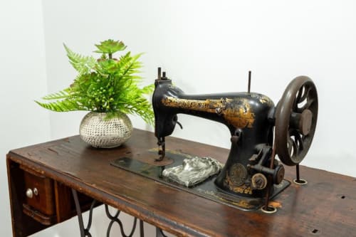 Vintage sewing machine with green fern plant on wooden desk in Torre dei Venti B&B garden room, Ceccano Italy
