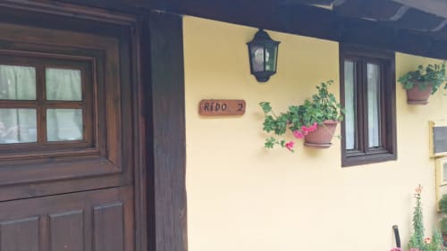 Entrada al apartamento Redo en la propiedad rural Los Picos de Redo en Camaleño, con flores colgantes y puerta de madera