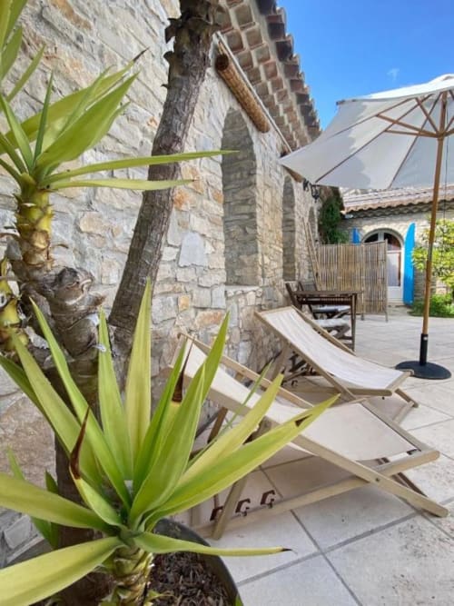 Cour ensoleillée du Patio aux Oiseaux à La Ciotat avec murs en pierre, transats, parasols et plantes tropicales