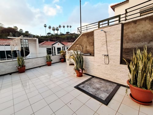 Rooftop terrace at Villa Supranee in Câmara da Lobos with potted cacti, lounge chairs, and city views