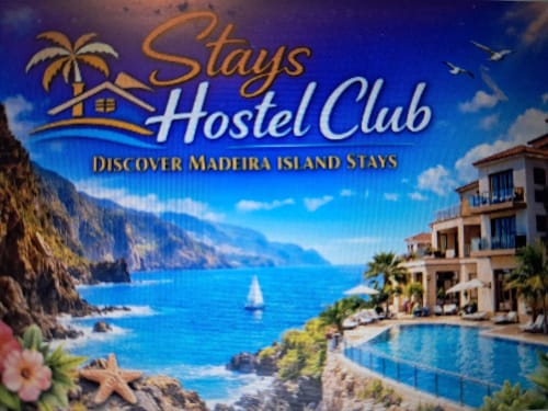 Stays Hostel Club promotional banner for Madeira Island with coastal villa, pool, and blue ocean view