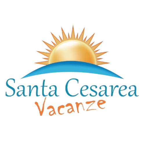 Santa Cesarea Vacanze logo featuring a golden sun rising over a blue horizon, Italian vacation branding
