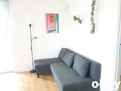 Moderno divano grigio con cuscini in luminoso appartamento a Bari, decorato con arte astratta colorata e piante verdi sospese