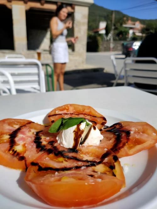Grilled chicken sandwich with mozzarella at Posada de Ollo, outdoor terrace with guests in Ollo