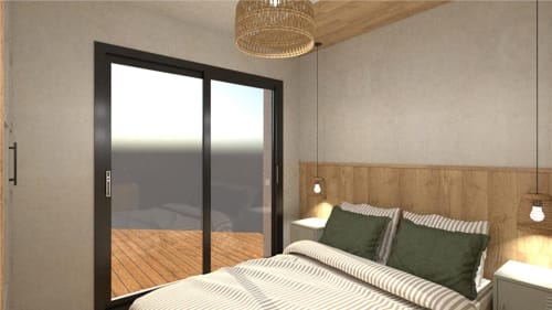 Chambre moderne de la Villa Acacia aux Villes de Jade, Saint-Brevin avec literie rayée, oreillers verts et baies vitrées
