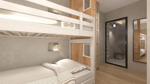 Chambre avec lits superposés modernes aux Villas de Jade Villa Acacia, Saint-Brevin les Pins, mobilier blanc et bois