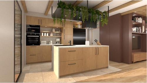 Cuisine contemporaine avec meubles en bois, îlot central et plantes suspendues à la villa Les Villas de Jade à Saint-Brevin-les-Pins