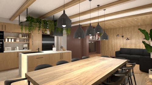 Cuisine ouverte et salle à manger moderne à Villa Acacia, Les Villas de Jade, Saint-Brevin les Pins avec finitions bois