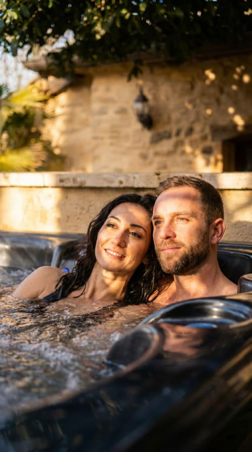 Couple relaxing in hot tub at Le Clos Des Anges, a bed and breakfast in Bagnols, France