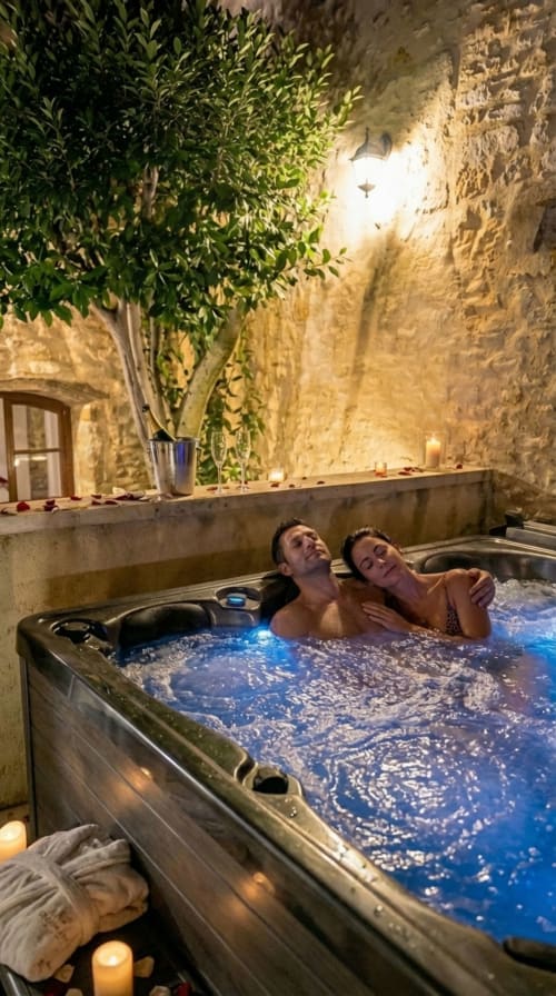 Couple relaxing in hot tub at Le Clos Des Anges, luxury B&B in Bagnols France with stone walls and ambient lighting