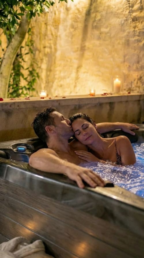 Couple enjoying hot tub at Le Clos Des Anges luxury B&B in Bagnols, France with candlelit stone ambiance