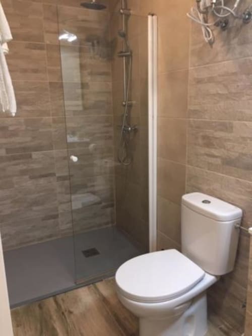 Modern bathroom at Hotel Skyline Alcorcón with walk-in shower, toilet, and wood-grain tiling
