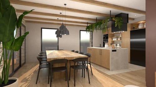Modern open-plan kitchen and dining area at Les Villas de Jade, Saint-Brevin les Pins, with wooden table, black chairs, and