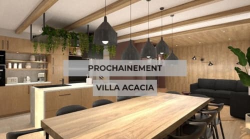 Cuisine et séjour ouverts contemporains avec poutres en bois, luminaires suspendus et table à manger aux Villas de Jade