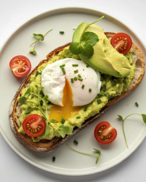 Avocado toast with poached egg, tomato slices, and microgreens served at The Village Inn B&B Killarney
