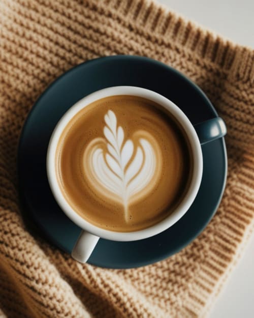 Latte with leaf latte art on dark saucer, placed on beige knit fabric at Village Inn B&B Killarney