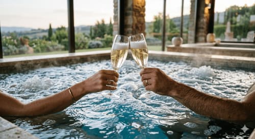 Two people clinking champagne glasses in a hot tub at Palazzo Fauzone Relais & Spa in Mondovì, Italy, with scenic countryside