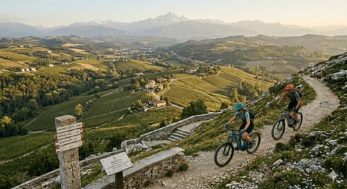 Tre ciclisti su un sentiero di montagna con vista sui vigneti e le Alpi innevate vicino a Mondovì, Italia