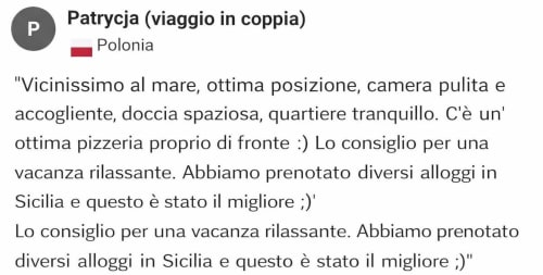 La recensione di Patrycja che loda il Mappamondi B&B a Venezia per la posizione fronte mare, le camere pulite e l'ottima pizza