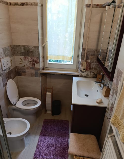 Bagno compatto a Casa Valentina, appartamento ad Ancona con doppi wc, lavabo, doccia e finestra