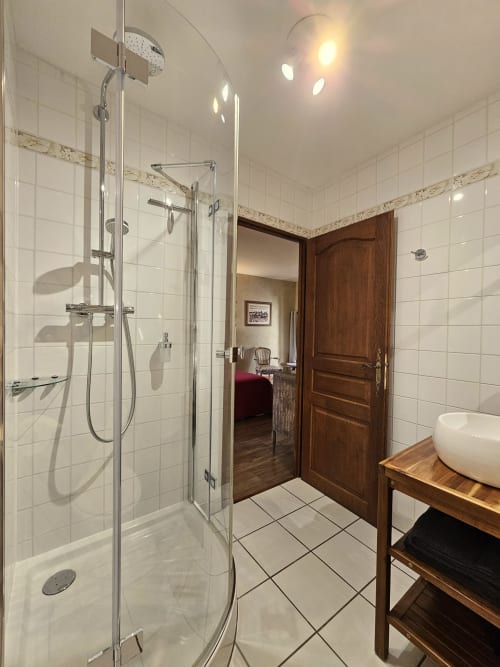 Salle de bain moderne avec cabine de douche vitrée au Château de Ribourdin, chambre d'hôtes à Chevannes, France