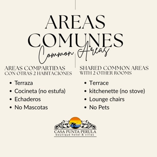 Guía de áreas comunes de Casa Punta Perula: terraza, cocineta, tumbonas, se prohíben mascotas