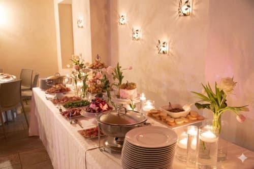 Elegant buffet setup at Il Casale di David with flowers, chafing dishes, stacked plates, and candlelit ambiance for events in