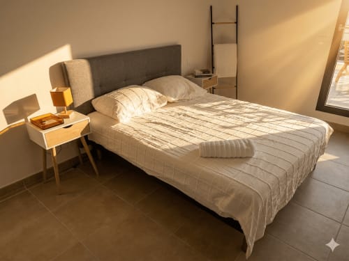 Chambre moderne à La villa Métisse à Canet-en-Roussillon avec tête de lit grise, literie blanche, table de nuit en bois et lumière naturelle