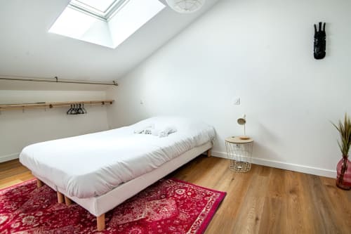 Minimalist bedroom in Bise de la Jouvence apartment with white bed, red rug, wooden floor, and skylight near Puy du Fou