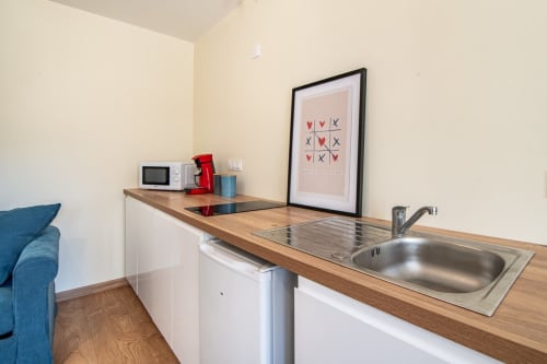 Kitchenette de studio avec micro-ondes, évier, plan de travail en bois et art mural morpion près du Puy du Fou