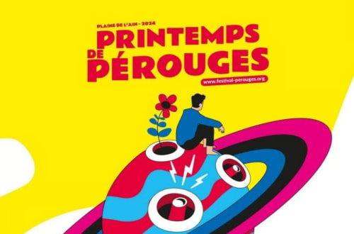 Affiche du festival Printemps de Pérouges 2024 aux couleurs vives près de Lhuis, France