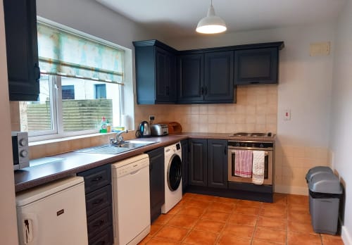 Modern kitchen with black cabinets, terracotta tile floor, and stainless steel appliances at Leitrim Quay cottage in Ireland