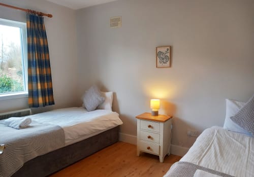Twin bedroom at Leitrim Quay cottage in Leitrim with bedside lamp, window with blue and orange curtains, and wooden flooring