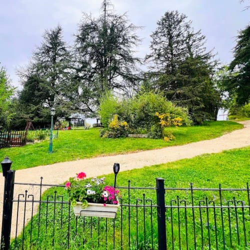Allée verdoyante du Domaine le Manoir avec jardinières fleuries, pelouse impeccable et arbres matures