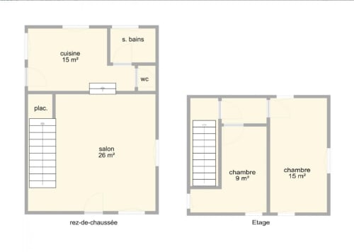 Floor plan of Gîte Les Grangettes cottage at Domaine de Bort near Limoges, showing kitchen, living room, bedrooms and