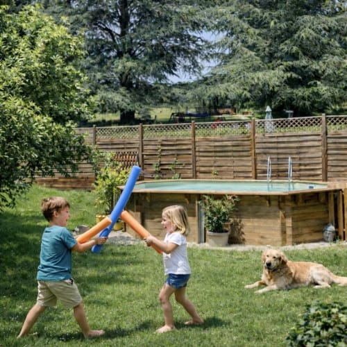 Enfants jouant dans le jardin avec un chien près de la piscine privée du gîte Domaine le Manoir, Dordogne